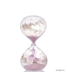 Temporizador de areia de vidro brilhante colorido exclusivo com unicórnio rosa real na parte inferior, lindos artesanato em vidro
