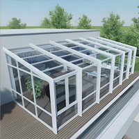Véranda moderne à façade vitrée isolée, autoportante, avec porte arrière en verre, 3 parois, toit triangulaire