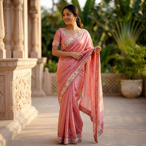 Sari de Seda Rosa con Bordado Floral, Traje Tradicional Indio y Pakistaní para Bodas, Largo hasta el Suelo, Corte Regular - Product Image 1