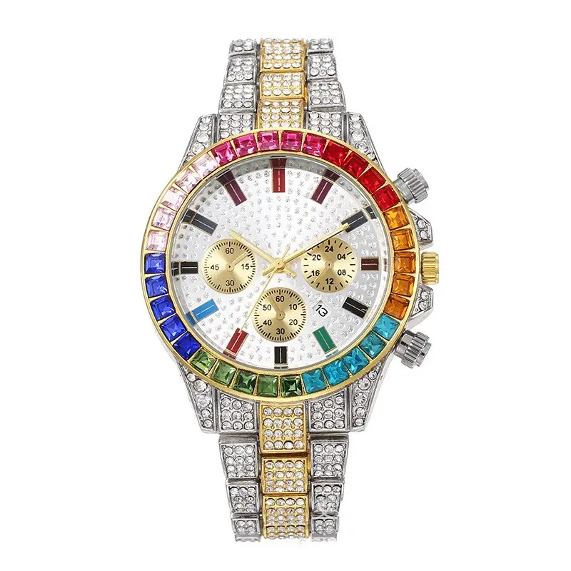 新しい偽の3つの目ファッションファンシーカラーダイヤモンドカレンダーフルダイヤモンドセットメンズスチールバンドクォーツ時計
