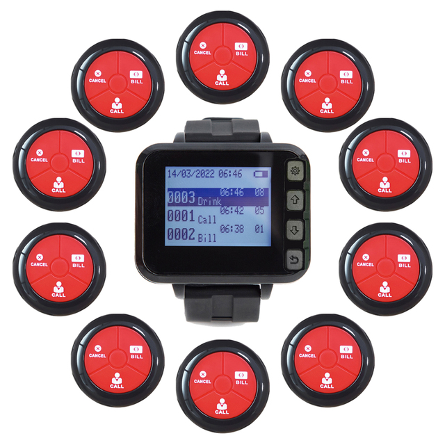 Efficient Wireless Waiter Paging System - Watch Receiver and 10 Buttons to Improve Service Speed