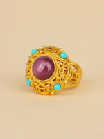 Bague Unisexe Vintage en Argent Sterling 925 Plaqué Or, Motif Pièce de Monnaie Filigranée Creuse, Grande Pierre Rouge Porte-Bonheur Feng Shui – Vente en Gros