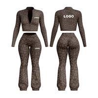 Ensemble de pantalons décontractés personnalisés pour femmes Helobro, imprimé léopard personnalisé, pantalon évasé imprimé léopard, ensemble deux pièces, ensemble de vêtements de sport pour femmes