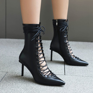 Strappy Lace up Sexy Ladies Booties 2024 Fall Ankle <b>Boots</b> for Women - Product Image 5