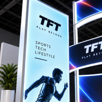 Stand d'exposition 20x20 pour salon professionnel HFA avec enseigne suspendue et caissons lumineux sur pied