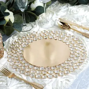 Wholesale Elegant Glass Gold Wired Beaded Rim Mirror Charger Plates Crystal Beaded Charger Plate