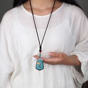 Collier à pendentif vintage en bois de santal et agate, bijoux religieux ajustables, cadeau souvenir pour femmes - Product Image 5