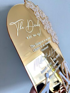 Logotipo personalizado con forma de espejo cortado con láser, lámina dorada, acrílico, tarjetas de menú de boda, diseño Floral con iconos de bebidas en 3D - Product Image 4