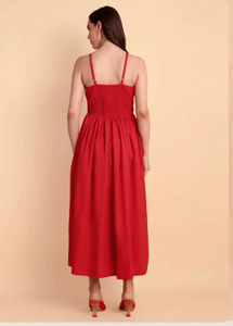 Vestido de Mujer Rojo Sólido con Estampado Floral y Rayas, Corte en A, 100% Algodón, Ecológico, Elegante, Moderno, Ajustado a la Cintura, Cómodo - Product Image 3