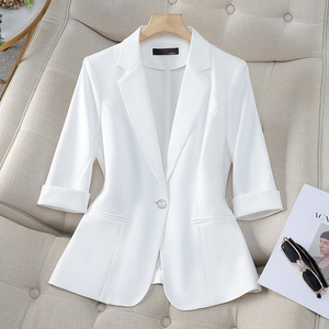White Blazer For Women 3/4 Sleeve Solid Color Breathable Polyester Suit Top Casual Office Wear - Product Image 1