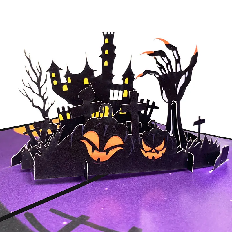 Xinduo 3D Halloween thiệp chúc mừng ba chiều màu in bí ngô ngôi nhà ma ám kỳ nghỉ chạm khắc giấy