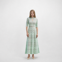 Gaun Midi Rajut Wanita Model Hollow-Out dengan Kerah Keyhole, Lengan Setengah, Detail Semi Transparan, Ujung Berumbai, Model A-Line Elegan, Grosir OEM