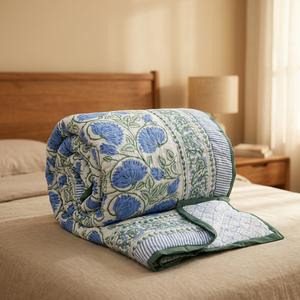 Hand Block Printed Cotton <b>Quilt</b> Double <b>Bed</b> Traditional Floral Design Handmade All Season Home Use - Product Image 3