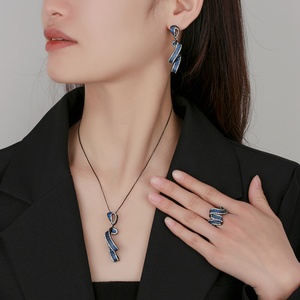 New Arrivals Eco-friendly Copper Black Gold Plated Blue Cubic Zirconia Pendant Necklace <b>Earrings</b> Ring Set Jewelry Set for Womens - Product Image 6