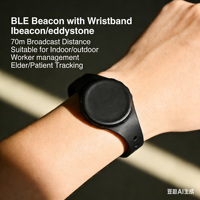 Beacon BLE programmable OEM avec intervalle de diffusion de 1 seconde, indice IP66, portée de diffusion de 70 m, fonctionnalités complètes de présence intelligente et bracelet en silicone