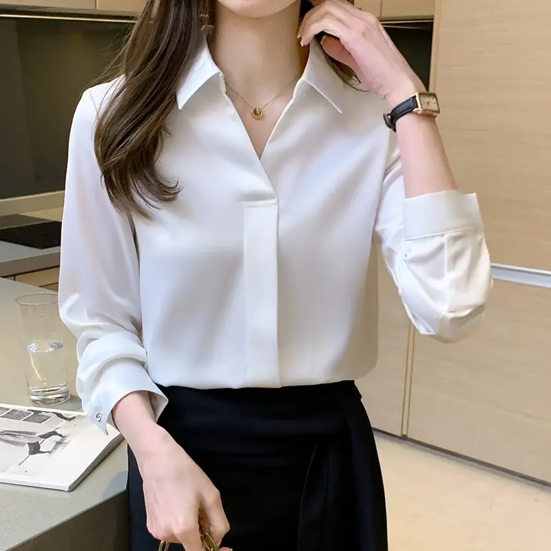 봄 가을 단단한 긴 소매 쉬폰 블라우스 셔츠 턴 다운 칼라 오피스 블라우스 화이트 여성 탑 Blusa 1130 #