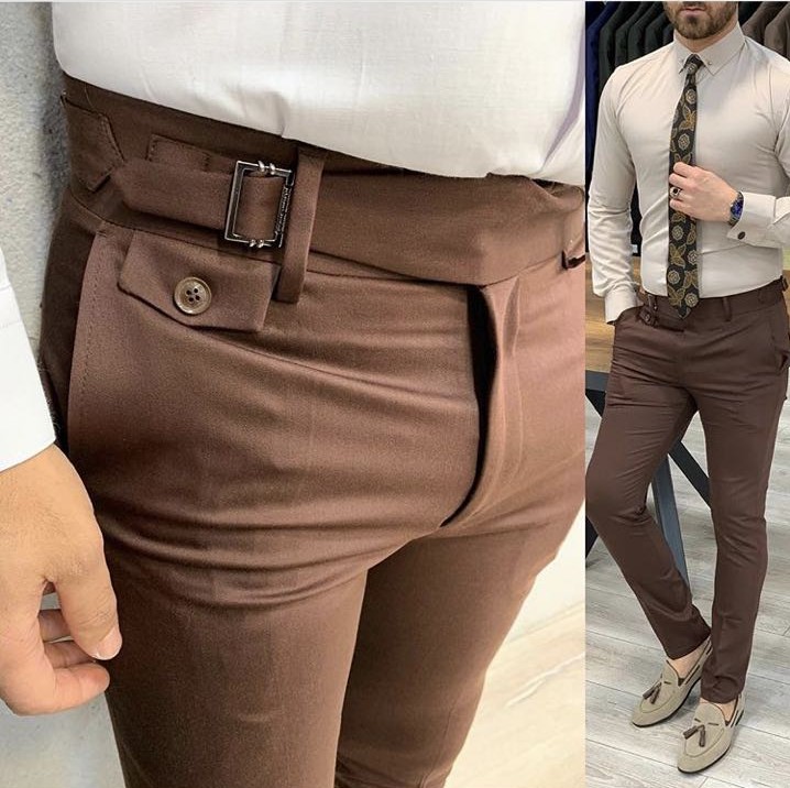 Celana Formal Ubin Coklat, Celana Lipit Biru Mewah Biru Ganda Gaya Slim Fit Celana Formal Pria Setelan Celana Desain 1 Potong