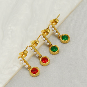 Zogxin Drop <b>Earrings</b> Gold Plated Pearl <b>Red</b> Green Stone Bezel Setting Everyday Wear Stainless Steel <b>Earrings</b> - Product Image 2