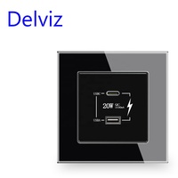 Interface Delviz Quick Charge Type-C, panneau en verre trempé sans logo, port universel 1A1C 5V 3A, prise USB murale à charge rapide 20W