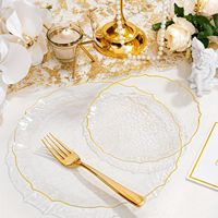 Assiette jetable en plastique transparent doré BST, robuste, moderne, de luxe, avec bordure en dentelle et finition dorée martelée, pour mariage