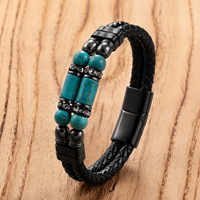 Bracelet en cuir tressé à double couche pour homme, orné de perles de pierre, avec fermoir magnétique en acier inoxydable, fait main
