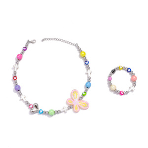 Conjunto de collar y pulsera con cuentas de mariposa de dopamina para mujer, joyería informal de aleación de zinc y resina - Product Image 5