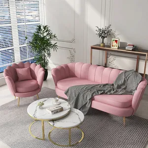 Gaya Nordic Shell berbentuk baja tahan karat 2 tempat duduk Sofa kain beludru merah muda loveat pernikahan