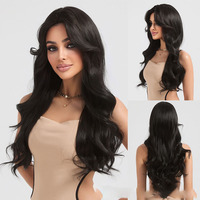 Perruque synthétique noire-brun effet vague d'eau, réglable, résistante à la chaleur, cheveux bouclés et volumineux, avec filet en maille rose intégral 150%
