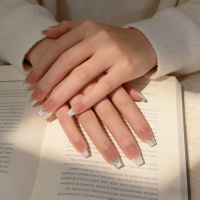 Ongles à presser carrés en acrylique rose français de haute qualité, incrustés à la main, 10 pièces, artificiels de salon avec colle, pré-conçus pour les doigts