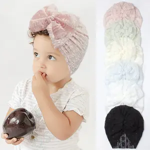 Spring Newborn Solid Color Children Soft Elastic Lace Mesh Bows Turban Hat Cap Head Wrap Cute Baby Hair Accessories