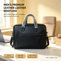 Sac pour ordinateur portable en cuir de vachette à double fermeture éclair pour homme, mallette en cuir véritable noir avec poche latérale, logo personnalisé, OEM ODM, vente en gros, usine