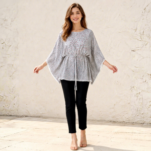 Wholesale <b>Grey</b> Printed Kaftan Top Batwing Sleeve Drawstring Waist Ladies Summer Blouse Round Neck Casual Beach <b>Women's</b> Sets - Product Image 1