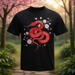 T-shirt traditionnel chinois 2025, année du serpent, motif de serpent rouge, motif floral, col rond noir, vêtements unisexes - Product Image 3