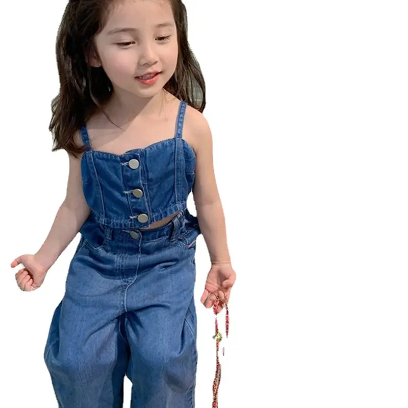 2023 Summer Children Wear Fashion Design Kids Clothes Sets Halter Top Denim Wide-leg Pants 2Pcs Girls Suit