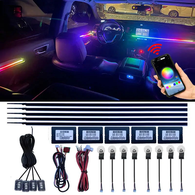 Lampu Led Interior mobil, lampu suasana, Led akrilik panduan serat optik strip aliran simfoni 22 dalam 1