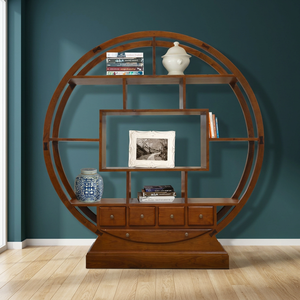 Étagère à livres ronde en bois de teck naturel de style oriental - Product Image 3