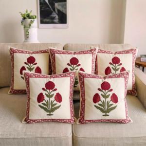 Floral Block Print <b>Cushion</b> Cover <b>Set</b> Cotton Pillow Covers Red Border Decorative <b>Sofa</b> <b>Cushion</b> Covers Home Decor - Product Image 2