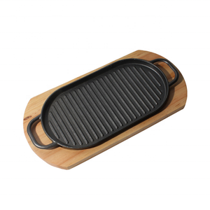 Cast Iron Griddle Grill Pan Sizzling Steak Meat Fajita <strong>Plate</strong> with <strong>Wooden</strong> Tray Steak Frying Cooking Gripper Platter - Product Image 2