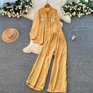 Ensemble <span class=keywords><strong>2</strong></span> <span class=keywords><strong>pièces</strong></span> pour femmes, chemisier <span class=keywords><strong>rouge</strong></span> brodé et pantalon large, tenue de bureau décontractée, ensemble deux <span class=keywords><strong>pièces</strong></span> pour femmes - Product Image 4