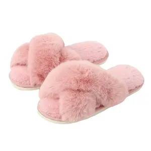 Fashion Design Plush Cross Home Slipper Flat Anti Slip Indoor Lady Women Furry Faux Fur Plush Winter Warm Indoor Slipper