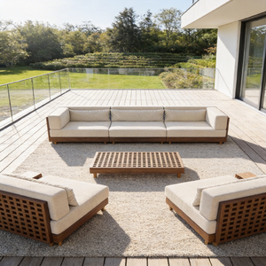 Ensemble de <span class=keywords><strong>salon</strong></span> de <span class=keywords><strong>jardin</strong></span> minimaliste nordique avec lattes en <span class=keywords><strong>bois</strong></span> naturel et tissu résistant aux intempéries et aux UV pour projets haut de gamme - Product Image 1