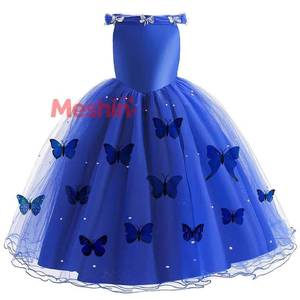 Robe de bal en tulle pour enfants, costume de cosplay d'Halloween, robe de princesse bleue à épaules dénudées avec papillons pour filles - Product Image 1