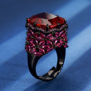 High Quality Jewelry Eco-friendly Copper 14*16mm Red Corundum Zircon Black Gold Plated Flower Open Adjustable Rings for Women - Product Image 3
