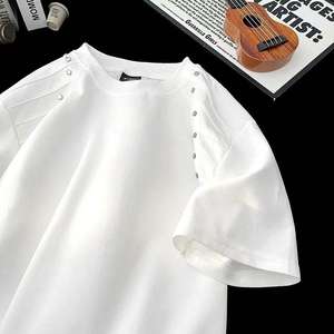 Maglietta oversize con perline da uomo in tinta unita maglietta da uomo personalizzata stile Vintage T-Shirt Casual in metallo con bottoni ampia T-Shirt - Product Image 3