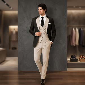 Traje formal de 3 piezas para hombre, color negro y marfil, con solapa en contraste, blazer, chaleco de doble botonadura, pantalones, traje de novio para boda - Product Image 6