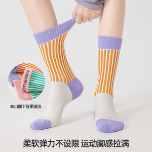 Spring Dopamine Shock-Absorbing Terry Cloth Striped Women's <b>Socks</b> Seamless Towel Sole Mid-Calf Sports <b>Socks</b> - Product Image 2