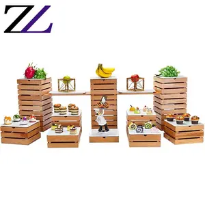 Wholesale japanese restaurant equipment buffet food stores display stand wedding rack set wood food display stand risers