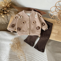 Ensemble de vêtements pour bébé fille, style bohème, cardigan en tricot avec pantalon en velours côtelé marron, beige neutre, pull orné de fleurs 3D