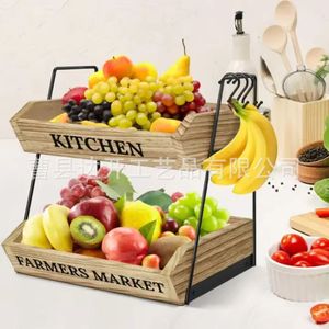 Wooden Double Layer Fruit Storage <b>Basket</b> With Handle Kitchen Vegetable Organizer Rectangle Multifunctional Stackable <b>Tray</b> - Product Image 1