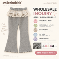 Smiledotkids Pantalons évasés personnalisés pour enfants, gris, avec dentelle et volants à la taille, ourlet festonné, OEM ODM, pour petites filles, vente en gros